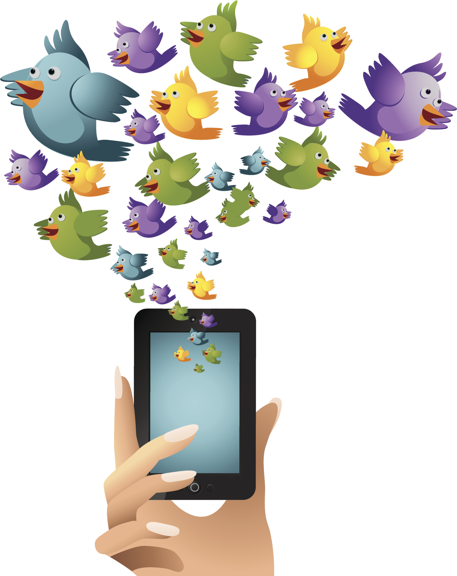 Multiple birds flying out of a smart phone.